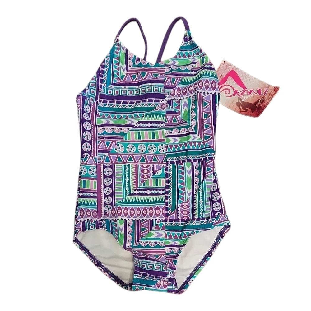 NWT Kanu Surf Kids Green & Purple Geometric One Piece Swimsuit